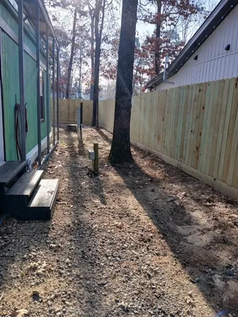 a view of a backyard with large tree
