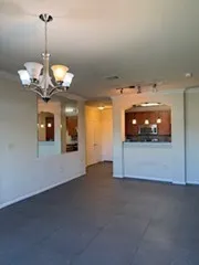 a view of a room with a large tree