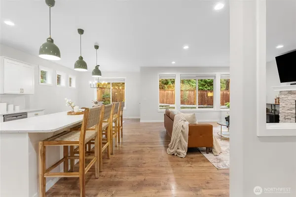 a view of a dining room with furniture