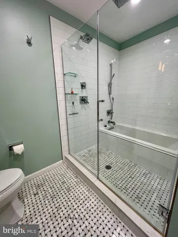 a bathroom with a shower and a toilet