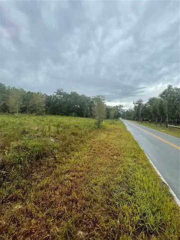 a view of a field with an ocean and trees in the background