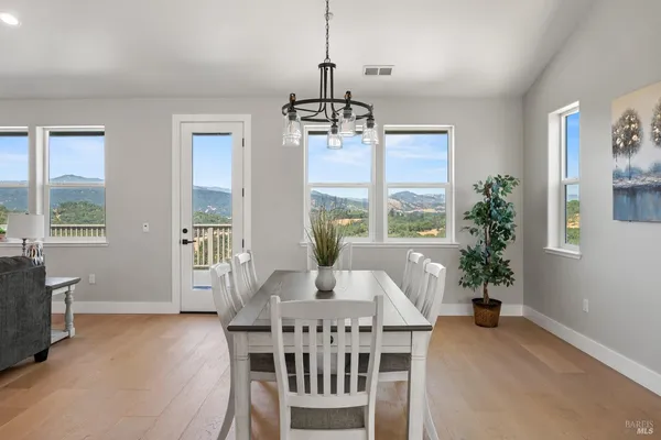 a view of a dining room with furniture window and outside view