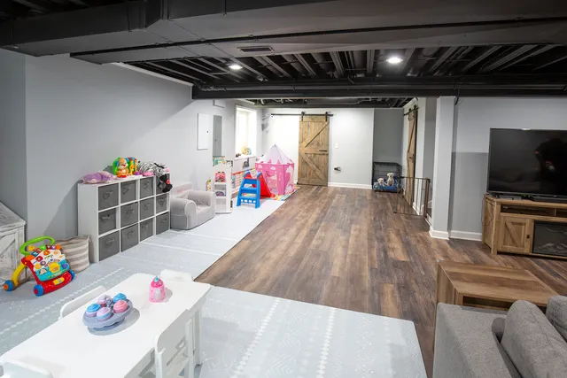 a view of a dining room with furniture