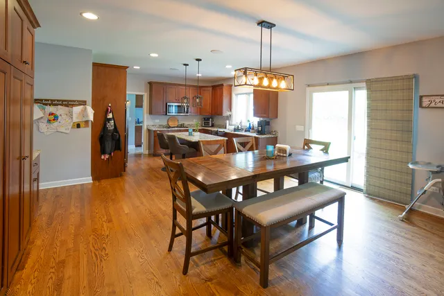 a view of a dining room with furniture window and wooden floor