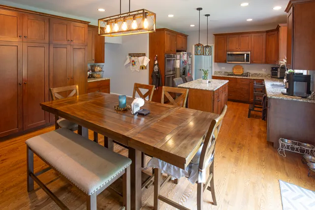 a view of a dining room with furniture