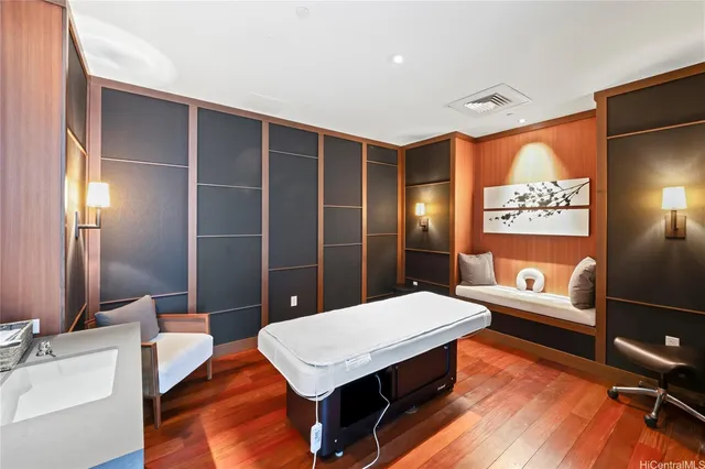 a room with pool table and glass door