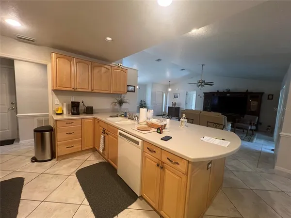 a kitchen with a sink a counter space appliances and cabinets