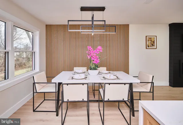 a view of a dining room with furniture window and outside view