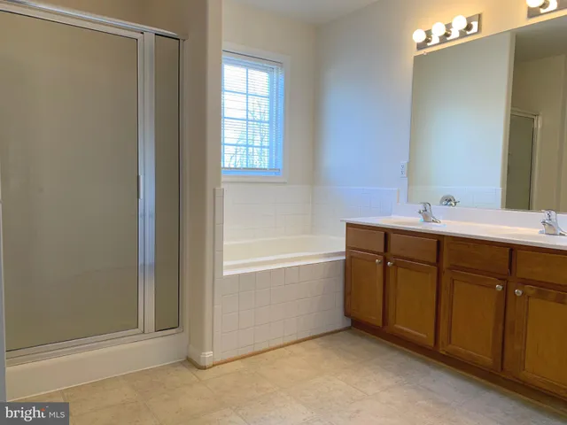 a bathroom with a tub sink and mirror