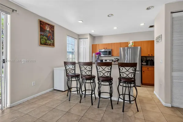 a view of a dining room with furniture