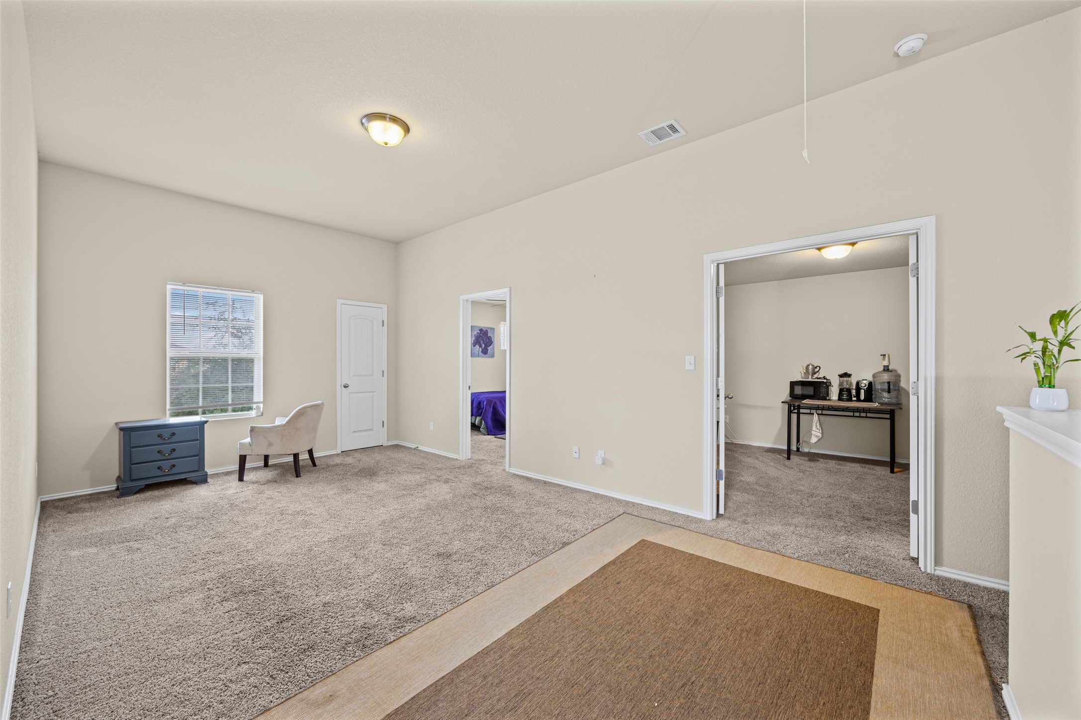 19113 Rookery Trail Pflugerville, TX 78660 - Photo 11 of 36 Spacious room with light neutral wall tones, textured carpet flooring, and a vaulted ceiling