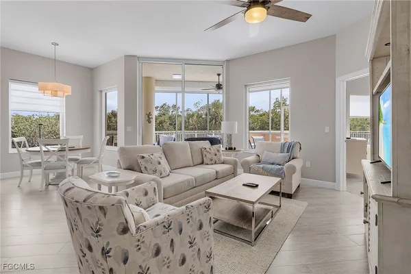 a living room with furniture and a large window with outer view