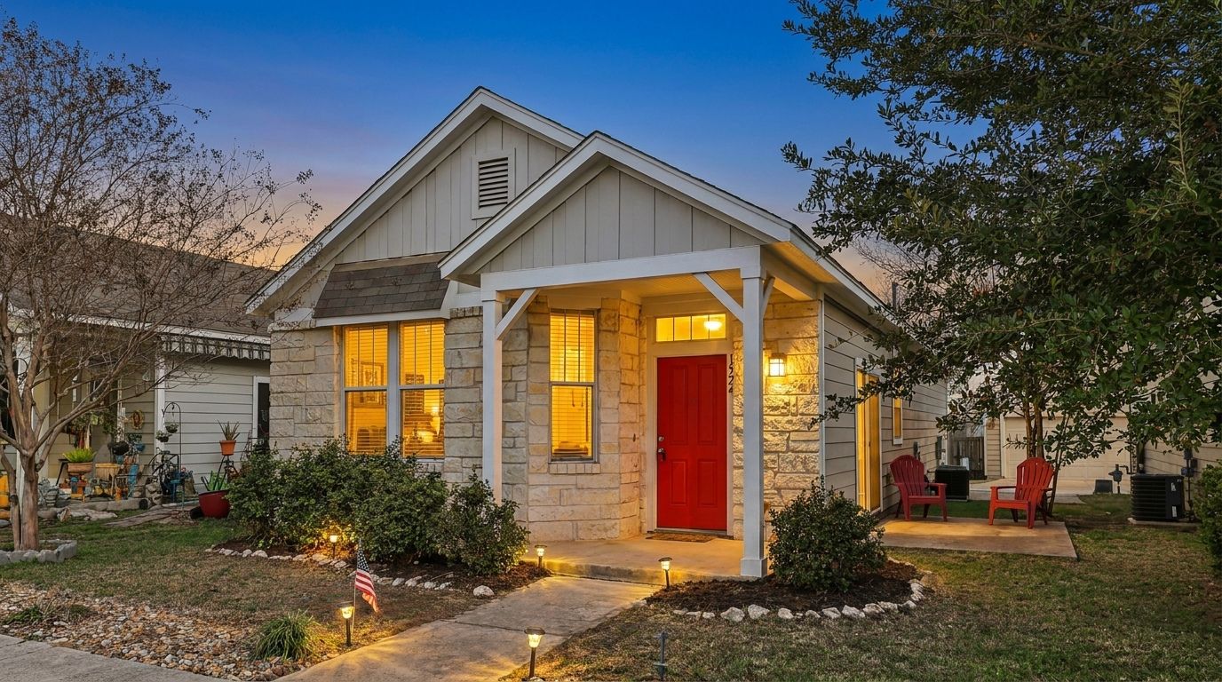 1524 Sanders Kyle, TX 78640 - Photo 1 of 37 Stone and siding exterior featuring a covered entryway with a vibrant red door