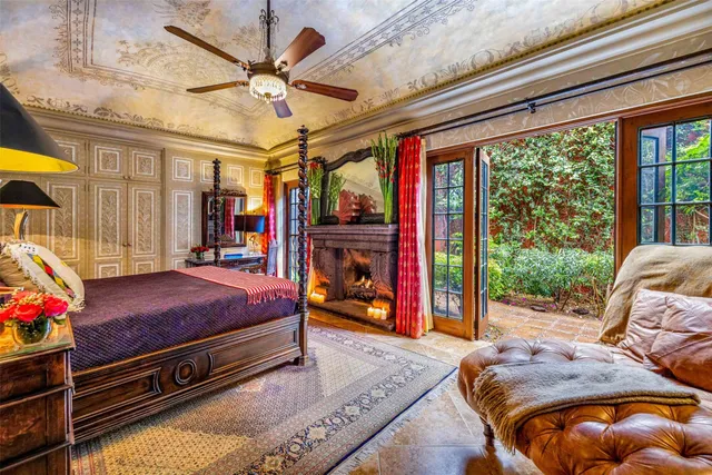 a view of a backyard with potted plants and palm trees