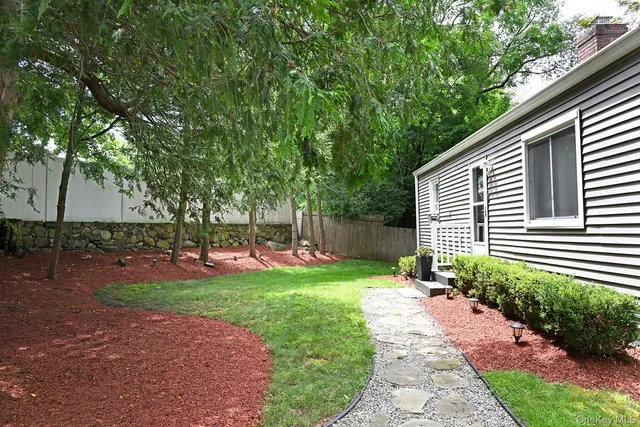 a view of a backyard with plants and large tree
