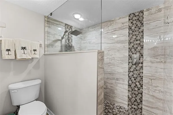 a bathroom with a toilet and a shower