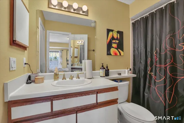 a bathroom with a sink a toilet and shower