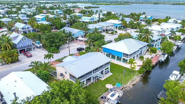 an aerial view of a house with garden space and lake view