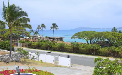 an aerial view of a house with yard and ocean view