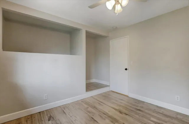 a view of a backyard with plants and large trees with wooden fence