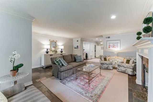 a living room with furniture fireplace and a potted plant
