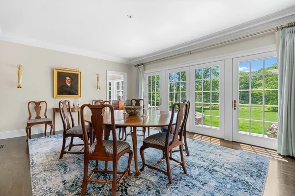 a view of a dining room with furniture window and outside view