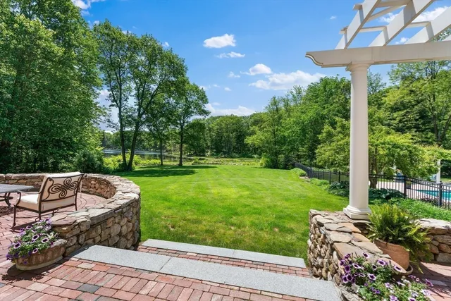 a garden view with a seating space