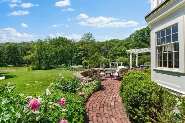 a view of yard with swimming pool and green space
