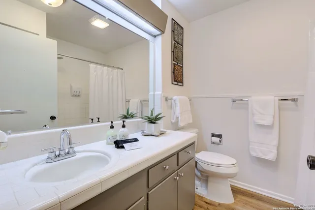a bathroom with a sink toilet and shower