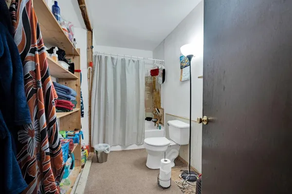 a bathroom with a sink a toilet and shower curtain
