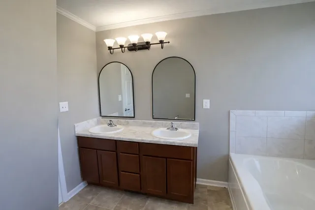a bathroom with a double vanity sink and a bathtub