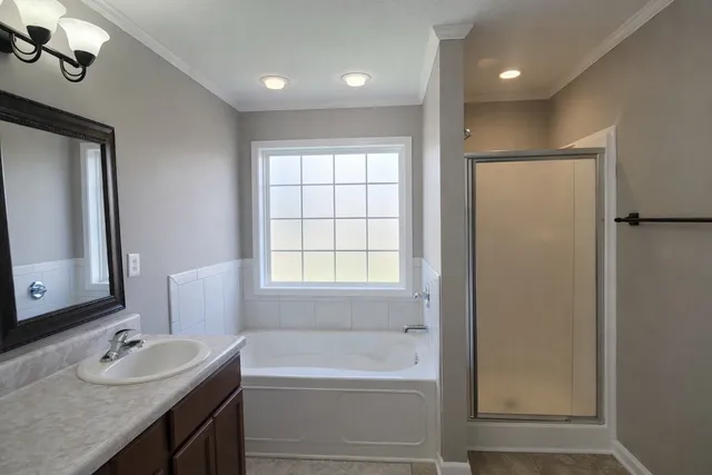 a bathroom with a tub sink and mirror
