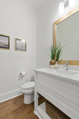a view of a backyard with potted plants and large trees