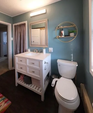a bathroom with a toilet a sink and a mirror