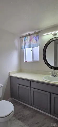 a bathroom with a toilet sink and mirror