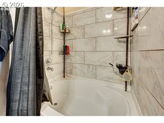 a bathroom with a bathtub and a shower