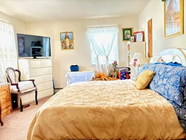 a bedroom with bed and window