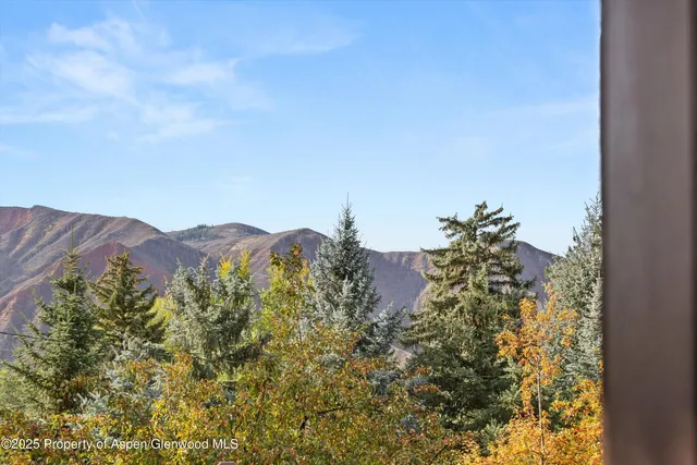an aerial view of a house with a mountain