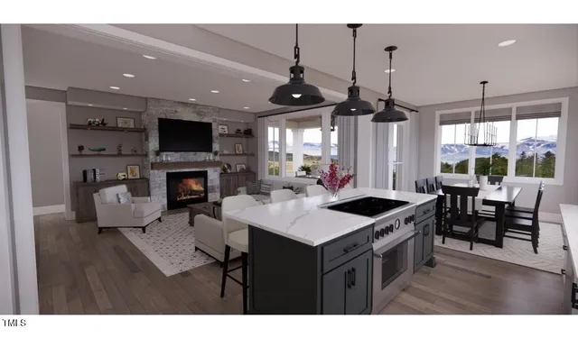 a kitchen with a table chairs and a fireplace