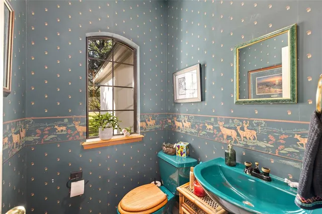 a bathroom with a sink mirror and toilet