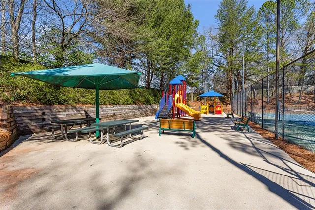 an outdoor space with seating