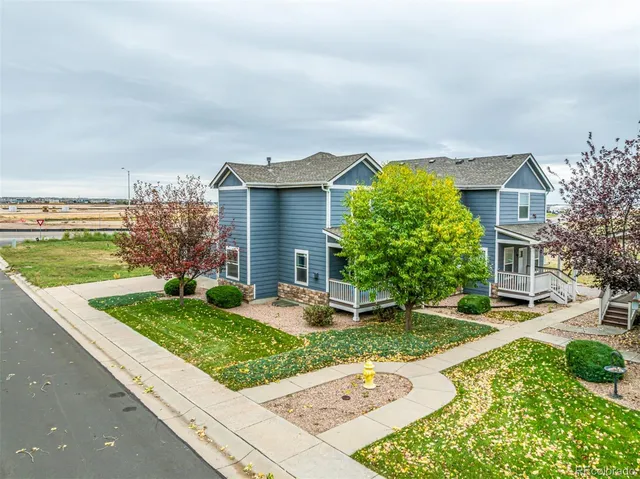 a view of a house with a yard and potted plants