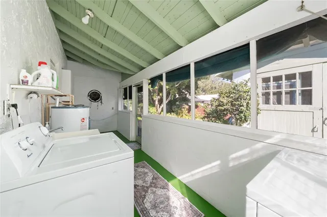 a view of a yard with plants and large trees