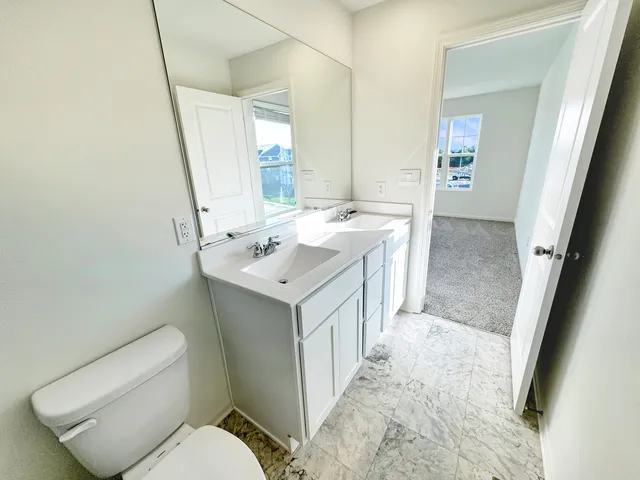 a bathroom with a sink a toilet and mirror