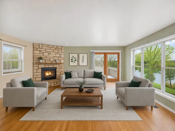 a living room with furniture and a fireplace