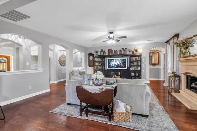 a view of a dining room with furniture