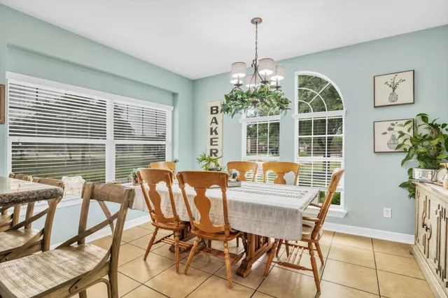 a view of a dining room with furniture window and outside view