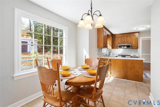 a view of a dining room with furniture window and outside view
