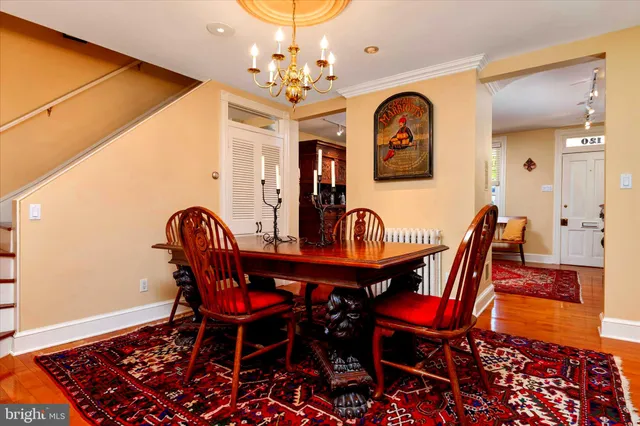 a view of a dining room with furniture