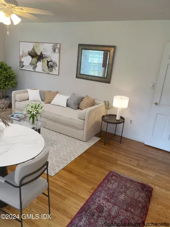 a living room with furniture and a rug